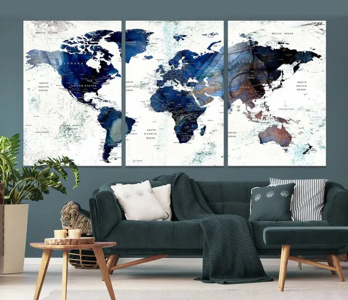 A Push Pin World Map Painting Wall Art Canvas Print in blue hangs prominently, adding an artistic touch to the space.