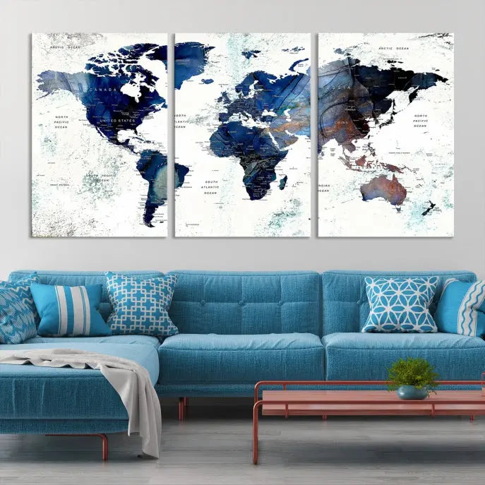 A Push Pin World Map Painting Wall Art Canvas Print in blue hangs prominently, adding an artistic touch to the space.