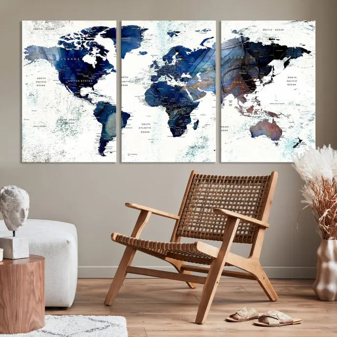 A Push Pin World Map Painting Wall Art Canvas Print in blue hangs prominently, adding an artistic touch to the space.