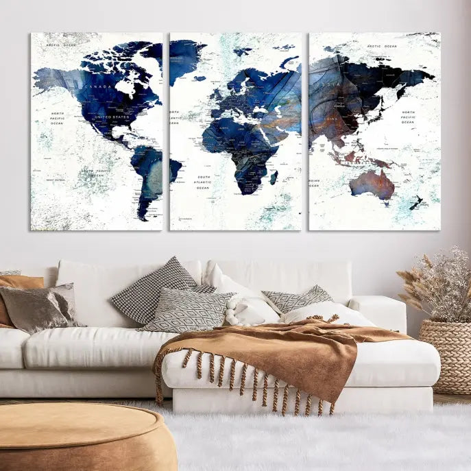 A Push Pin World Map Painting Wall Art Canvas Print in blue hangs prominently, adding an artistic touch to the space.