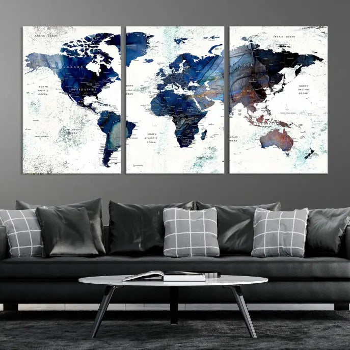 A Push Pin World Map Painting Wall Art Canvas Print in blue hangs prominently, adding an artistic touch to the space.