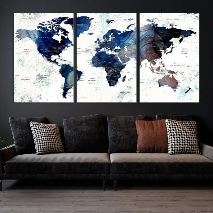 A Push Pin World Map Painting Wall Art Canvas Print in blue hangs prominently, adding an artistic touch to the space.