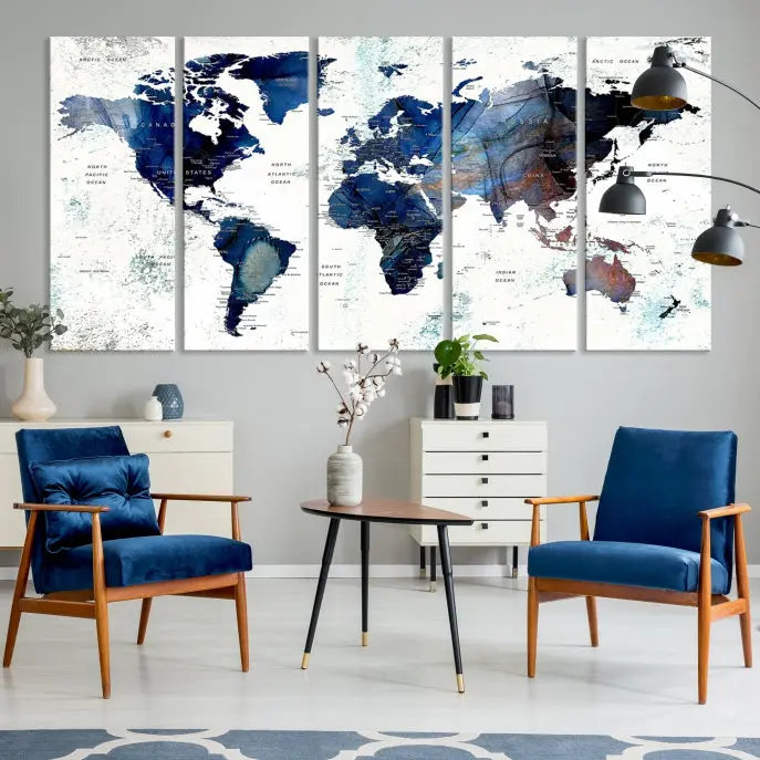 A Push Pin World Map Painting Wall Art Canvas Print in blue hangs prominently, adding an artistic touch to the space.