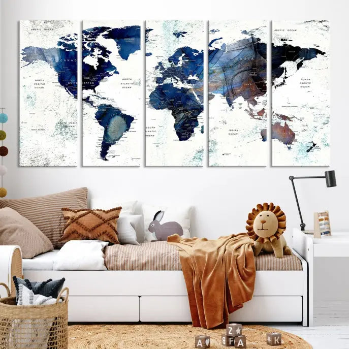 A Push Pin World Map Painting Wall Art Canvas Print in blue hangs prominently, adding an artistic touch to the space.