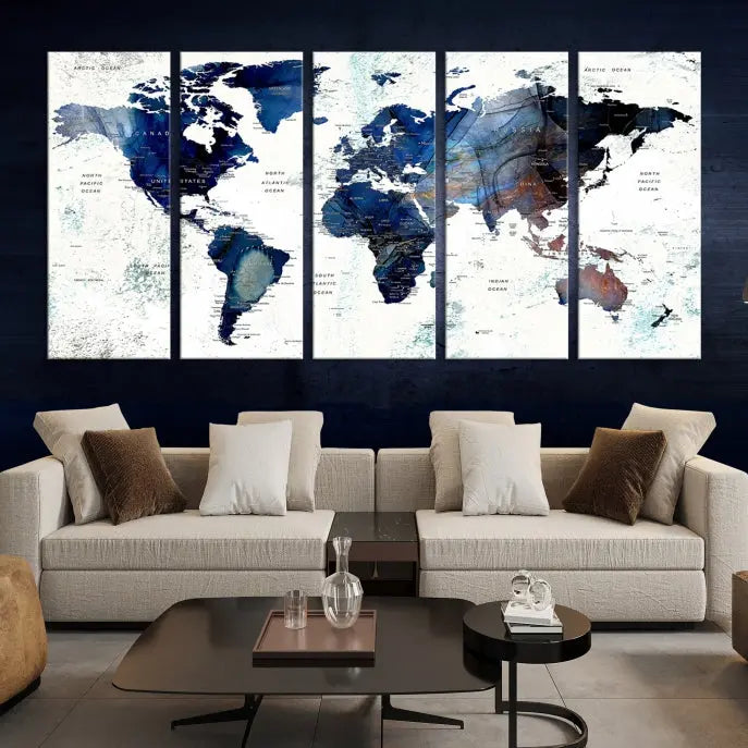 A Push Pin World Map Painting Wall Art Canvas Print in blue hangs prominently, adding an artistic touch to the space.