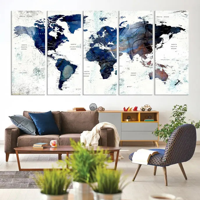 A Push Pin World Map Painting Wall Art Canvas Print in blue hangs prominently, adding an artistic touch to the space.