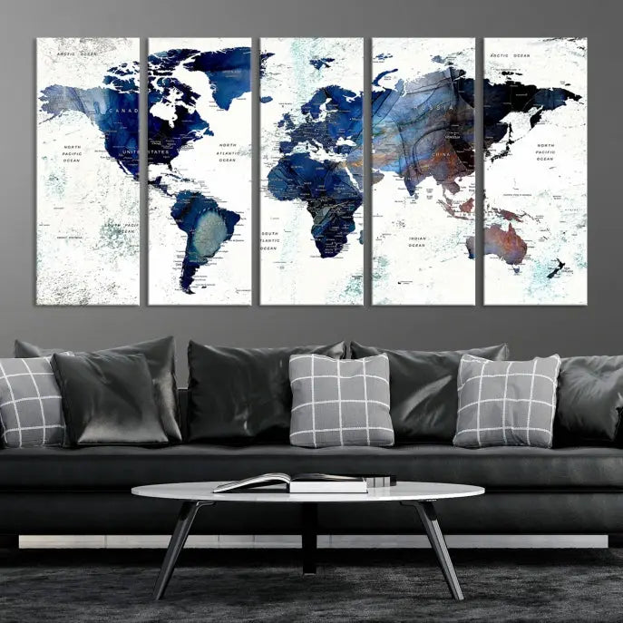 A Push Pin World Map Painting Wall Art Canvas Print in blue hangs prominently, adding an artistic touch to the space.