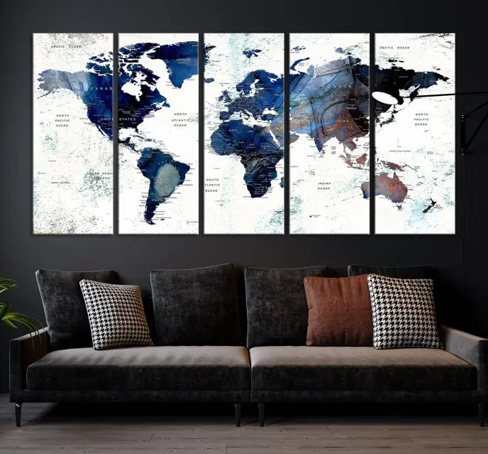 A Push Pin World Map Painting Wall Art Canvas Print in blue hangs prominently, adding an artistic touch to the space.