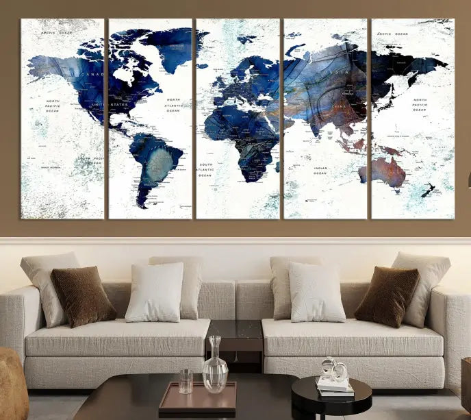 A Push Pin World Map Painting Wall Art Canvas Print in blue hangs prominently, adding an artistic touch to the space.