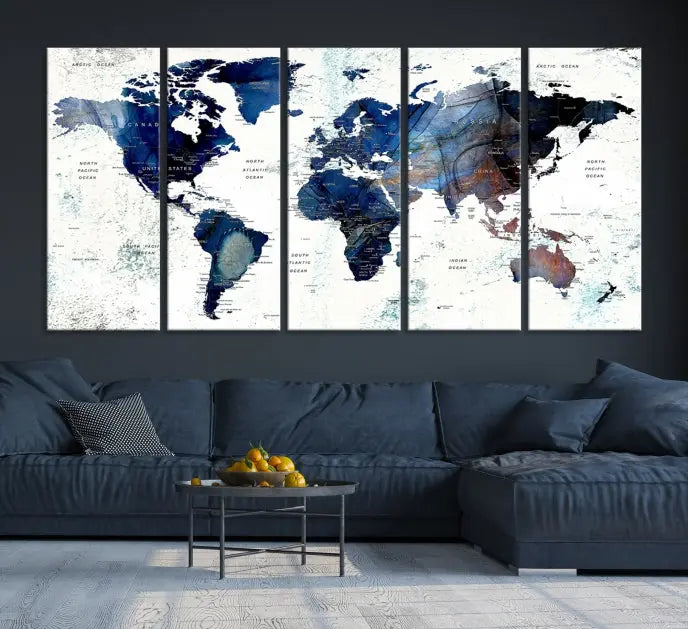 A Push Pin World Map Painting Wall Art Canvas Print in blue hangs prominently, adding an artistic touch to the space.