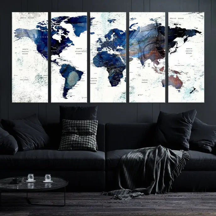 A Push Pin World Map Painting Wall Art Canvas Print in blue hangs prominently, adding an artistic touch to the space.