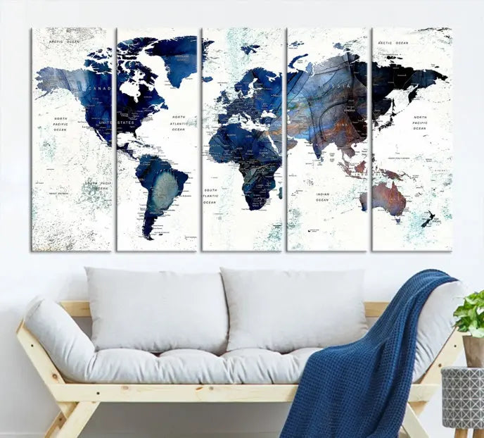 A Push Pin World Map Painting Wall Art Canvas Print in blue hangs prominently, adding an artistic touch to the space.