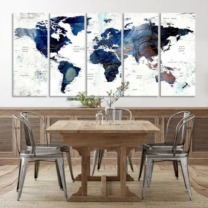 A Push Pin World Map Painting Wall Art Canvas Print in blue hangs prominently, adding an artistic touch to the space.