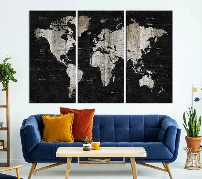 A Push Pin World Map Wall Art Canvas Print graces the wall, enhancing your decor effortlessly. The artwork arrives ready to hang, adding a touch of elegance to the space.