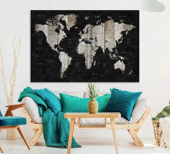 A Push Pin World Map Wall Art Canvas Print graces the wall, enhancing your decor effortlessly. The artwork arrives ready to hang, adding a touch of elegance to the space.