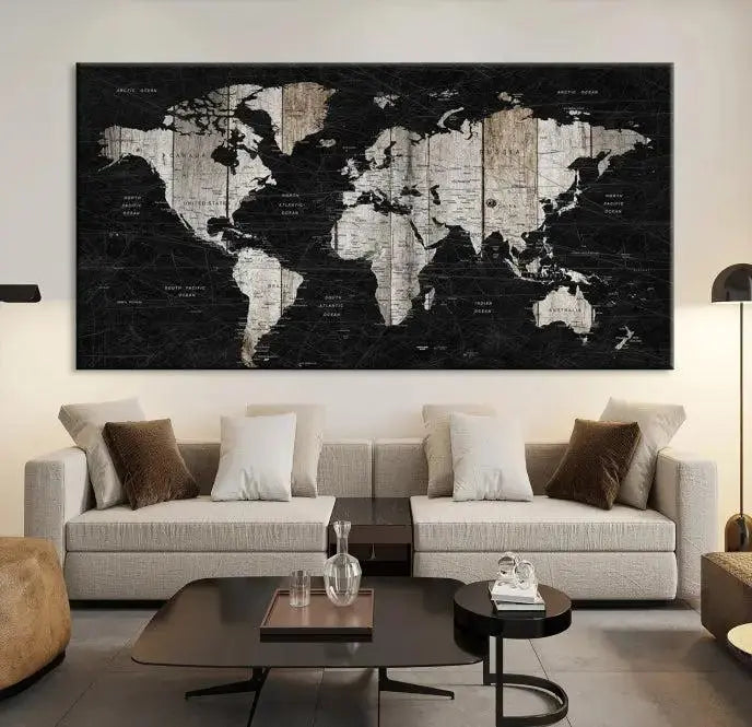 A Push Pin World Map Wall Art Canvas Print graces the wall, enhancing your decor effortlessly. The artwork arrives ready to hang, adding a touch of elegance to the space.