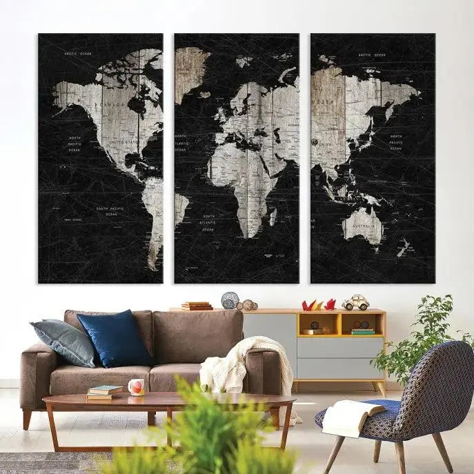 A Push Pin World Map Wall Art Canvas Print graces the wall, enhancing your decor effortlessly. The artwork arrives ready to hang, adding a touch of elegance to the space.