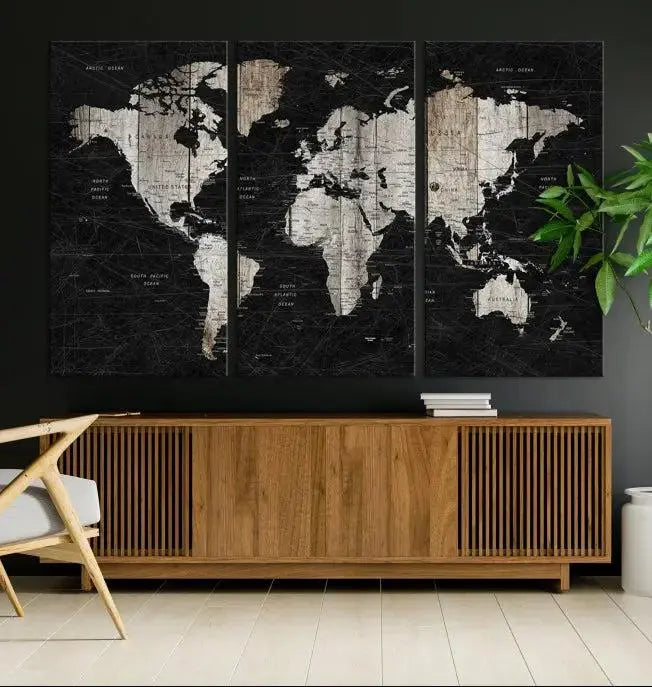 A Push Pin World Map Wall Art Canvas Print graces the wall, enhancing your decor effortlessly. The artwork arrives ready to hang, adding a touch of elegance to the space.