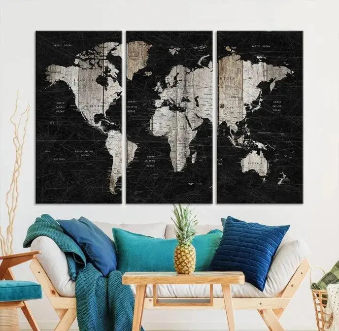 A Push Pin World Map Wall Art Canvas Print graces the wall, enhancing your decor effortlessly. The artwork arrives ready to hang, adding a touch of elegance to the space.