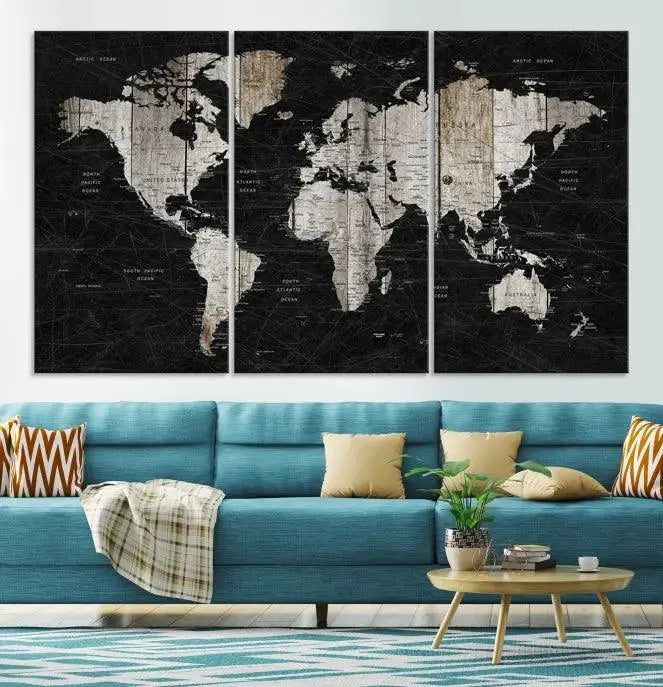 A Push Pin World Map Wall Art Canvas Print graces the wall, enhancing your decor effortlessly. The artwork arrives ready to hang, adding a touch of elegance to the space.