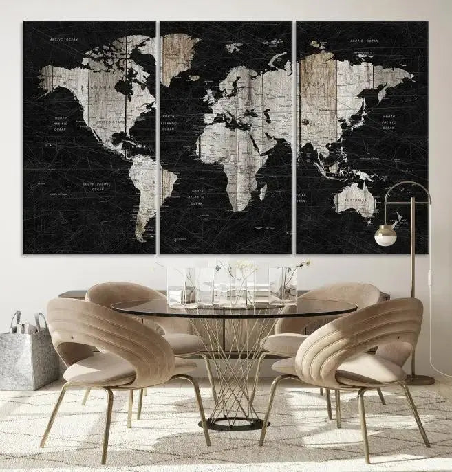 A Push Pin World Map Wall Art Canvas Print graces the wall, enhancing your decor effortlessly. The artwork arrives ready to hang, adding a touch of elegance to the space.