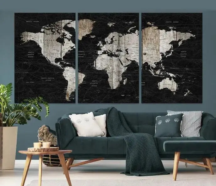 A Push Pin World Map Wall Art Canvas Print graces the wall, enhancing your decor effortlessly. The artwork arrives ready to hang, adding a touch of elegance to the space.