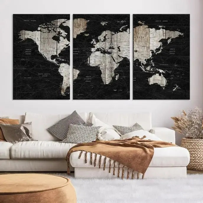 A Push Pin World Map Wall Art Canvas Print graces the wall, enhancing your decor effortlessly. The artwork arrives ready to hang, adding a touch of elegance to the space.