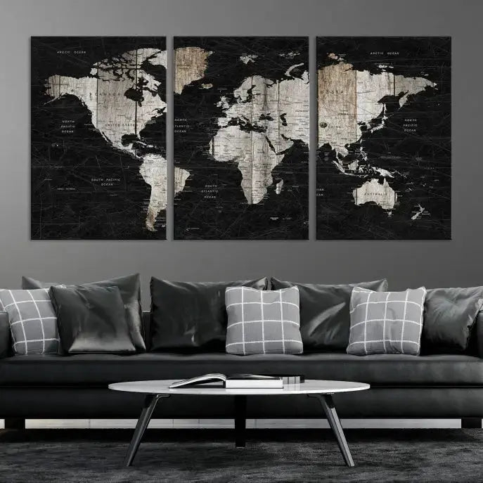 A Push Pin World Map Wall Art Canvas Print graces the wall, enhancing your decor effortlessly. The artwork arrives ready to hang, adding a touch of elegance to the space.