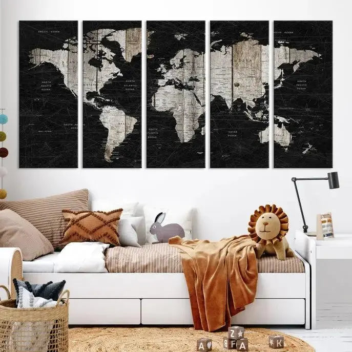 A Push Pin World Map Wall Art Canvas Print graces the wall, enhancing your decor effortlessly. The artwork arrives ready to hang, adding a touch of elegance to the space.