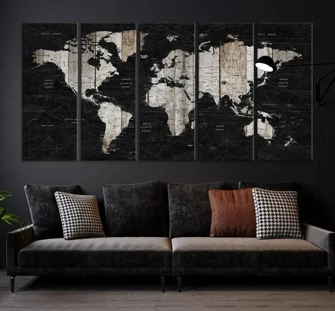 A Push Pin World Map Wall Art Canvas Print graces the wall, enhancing your decor effortlessly. The artwork arrives ready to hang, adding a touch of elegance to the space.