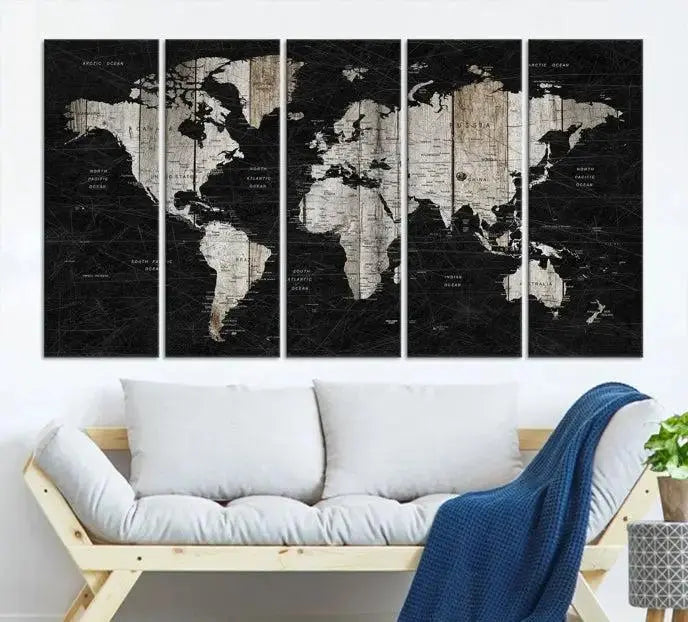 A Push Pin World Map Wall Art Canvas Print graces the wall, enhancing your decor effortlessly. The artwork arrives ready to hang, adding a touch of elegance to the space.