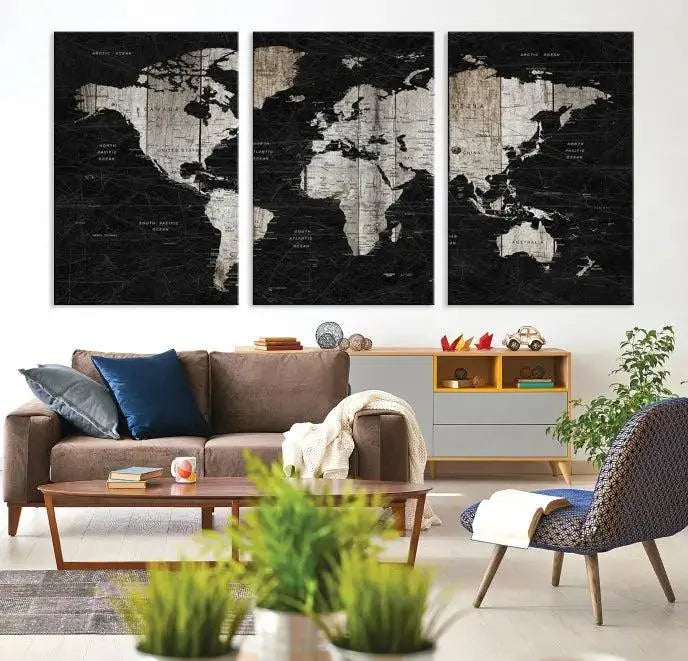 A Push Pin World Map Wall Art Canvas Print graces the wall, enhancing your decor effortlessly. The artwork arrives ready to hang, adding a touch of elegance to the space.