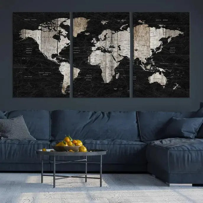 A Push Pin World Map Wall Art Canvas Print graces the wall, enhancing your decor effortlessly. The artwork arrives ready to hang, adding a touch of elegance to the space.