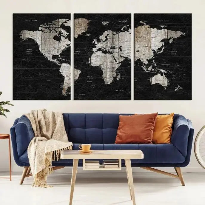 A Push Pin World Map Wall Art Canvas Print graces the wall, enhancing your decor effortlessly. The artwork arrives ready to hang, adding a touch of elegance to the space.