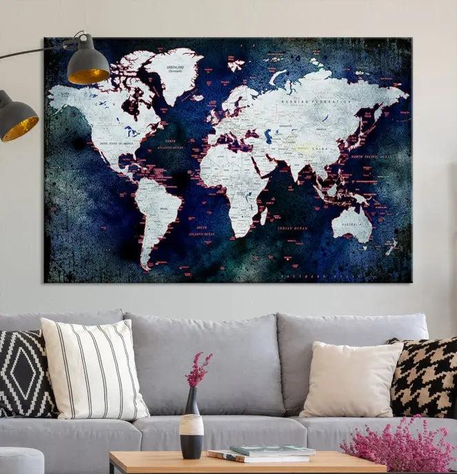 The Push Pin World Map Wall Art Canvas Print, crafted on museum-quality canvas with a UV-protective coating and ready to hang, adds an artistic touch to the living room.