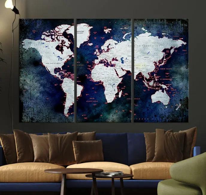 The Push Pin World Map Wall Art Canvas Print, crafted on museum-quality canvas with a UV-protective coating and ready to hang, adds an artistic touch to the living room.