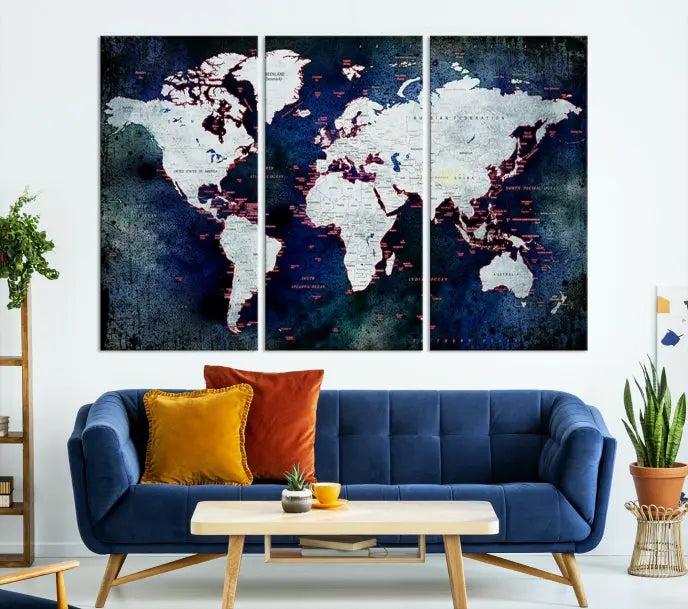 The Push Pin World Map Wall Art Canvas Print, crafted on museum-quality canvas with a UV-protective coating and ready to hang, adds an artistic touch to the living room.