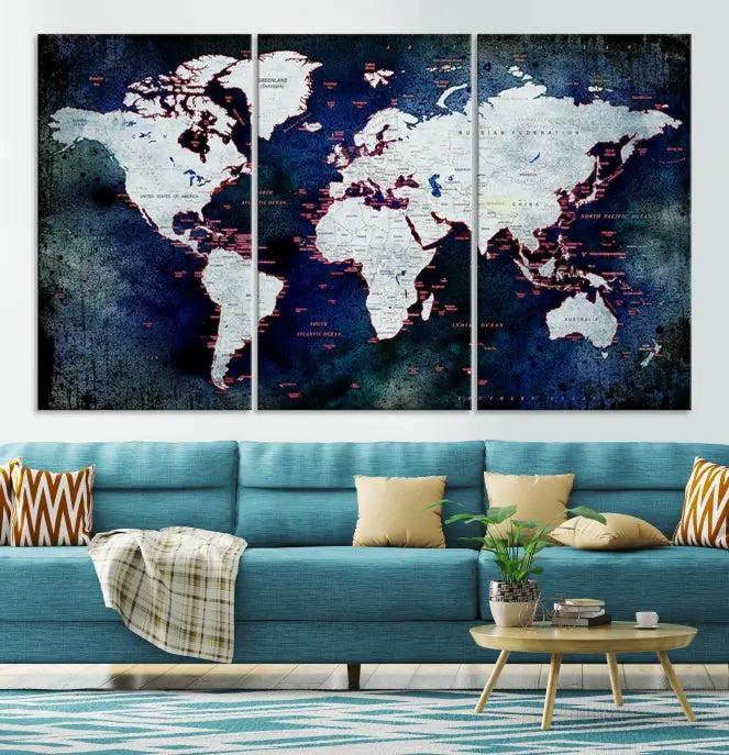 The Push Pin World Map Wall Art Canvas Print, crafted on museum-quality canvas with a UV-protective coating and ready to hang, adds an artistic touch to the living room.