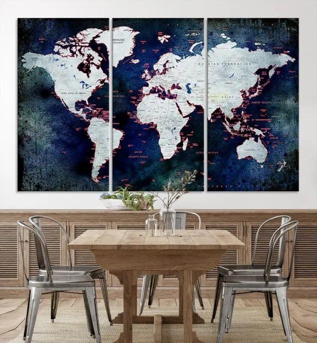 The Push Pin World Map Wall Art Canvas Print, crafted on museum-quality canvas with a UV-protective coating and ready to hang, adds an artistic touch to the living room.