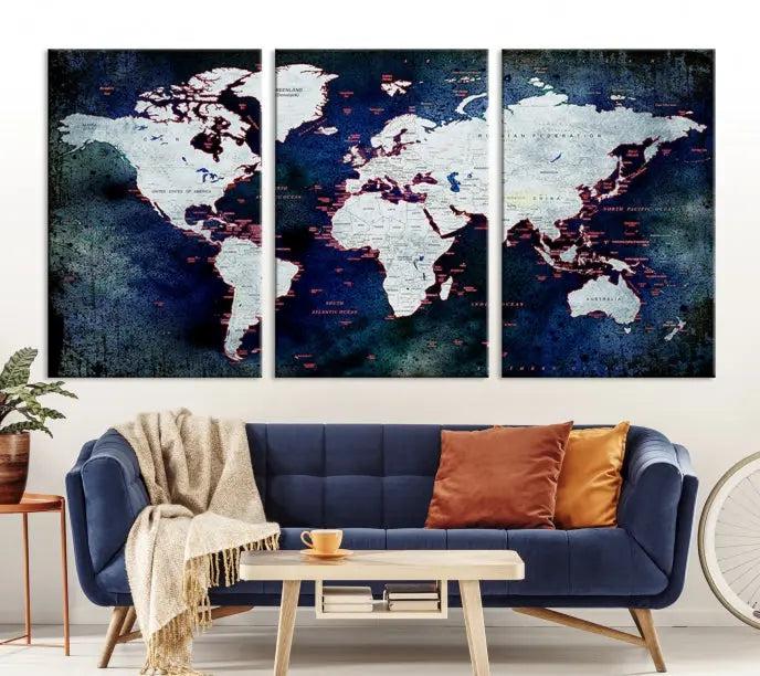 The Push Pin World Map Wall Art Canvas Print, crafted on museum-quality canvas with a UV-protective coating and ready to hang, adds an artistic touch to the living room.