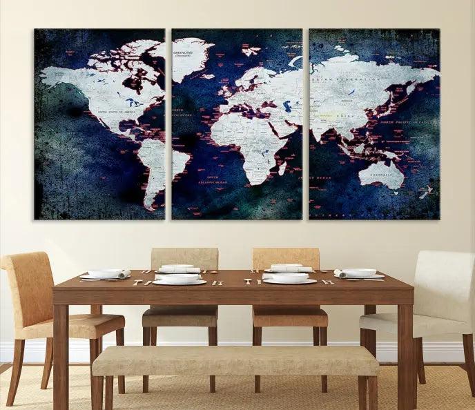 The Push Pin World Map Wall Art Canvas Print, crafted on museum-quality canvas with a UV-protective coating and ready to hang, adds an artistic touch to the living room.