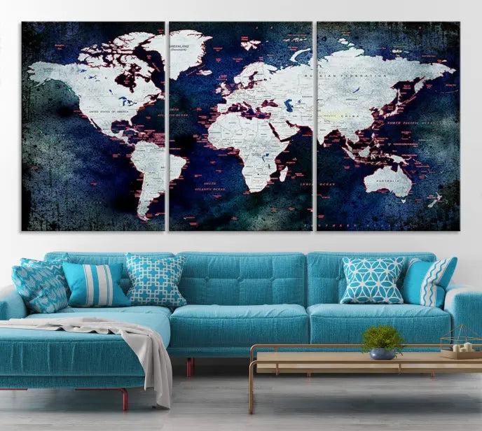 The Push Pin World Map Wall Art Canvas Print, crafted on museum-quality canvas with a UV-protective coating and ready to hang, adds an artistic touch to the living room.