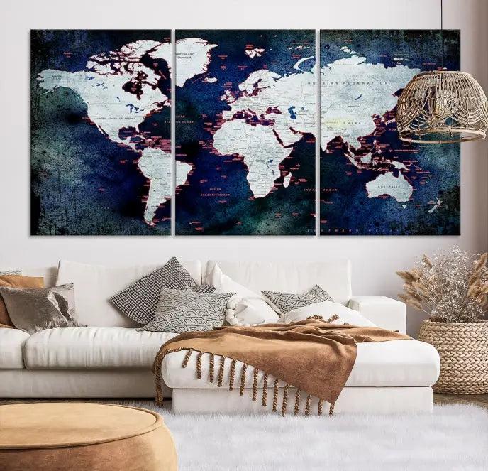 The Push Pin World Map Wall Art Canvas Print, crafted on museum-quality canvas with a UV-protective coating and ready to hang, adds an artistic touch to the living room.