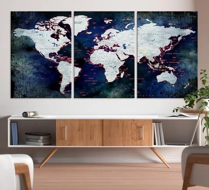 The Push Pin World Map Wall Art Canvas Print, crafted on museum-quality canvas with a UV-protective coating and ready to hang, adds an artistic touch to the living room.