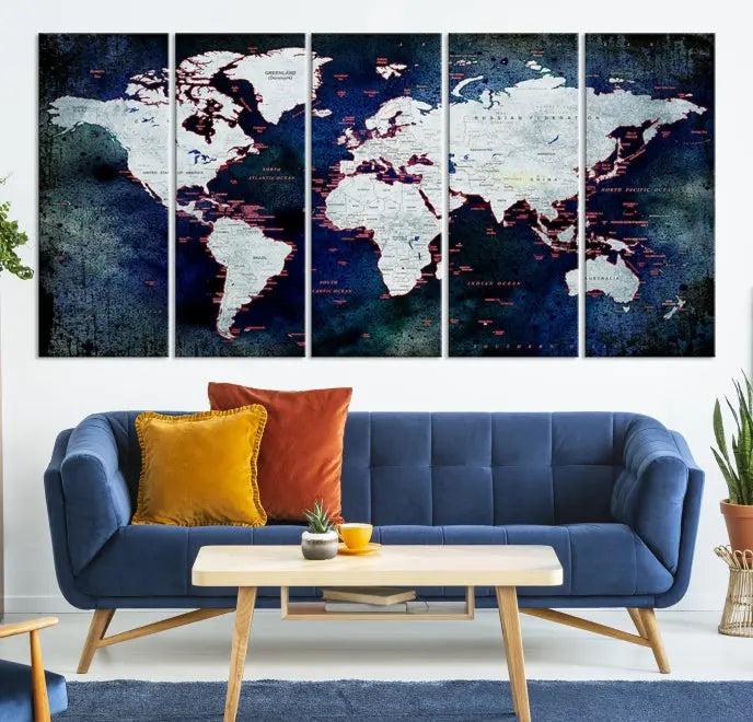 The Push Pin World Map Wall Art Canvas Print, crafted on museum-quality canvas with a UV-protective coating and ready to hang, adds an artistic touch to the living room.