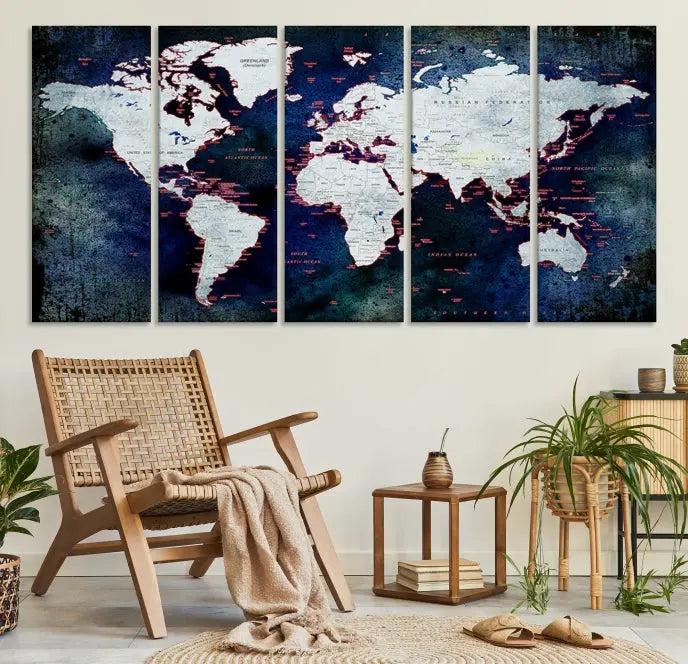 The Push Pin World Map Wall Art Canvas Print, crafted on museum-quality canvas with a UV-protective coating and ready to hang, adds an artistic touch to the living room.