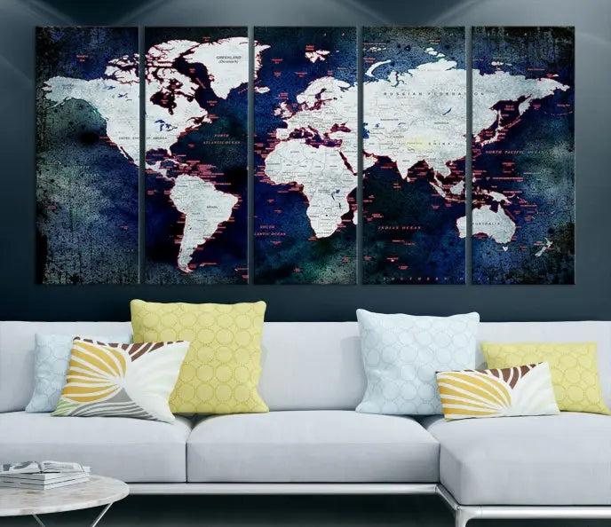 The Push Pin World Map Wall Art Canvas Print, crafted on museum-quality canvas with a UV-protective coating and ready to hang, adds an artistic touch to the living room.