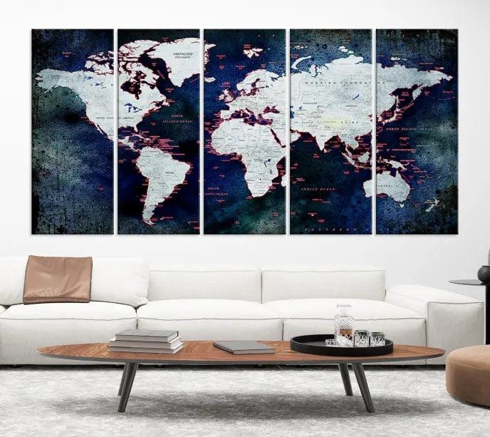 The Push Pin World Map Wall Art Canvas Print, crafted on museum-quality canvas with a UV-protective coating and ready to hang, adds an artistic touch to the living room.