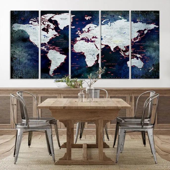 The Push Pin World Map Wall Art Canvas Print, crafted on museum-quality canvas with a UV-protective coating and ready to hang, adds an artistic touch to the living room.