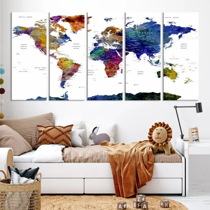 A modern living room is beautifully adorned with the Push Pin World Map Wall Art Canvas Print, a vibrant triptych of colorful world maps crafted on museum-quality canvas and perfectly gallery wrapped. This striking artwork stands out on its own, enhancing the room's overall aesthetics.